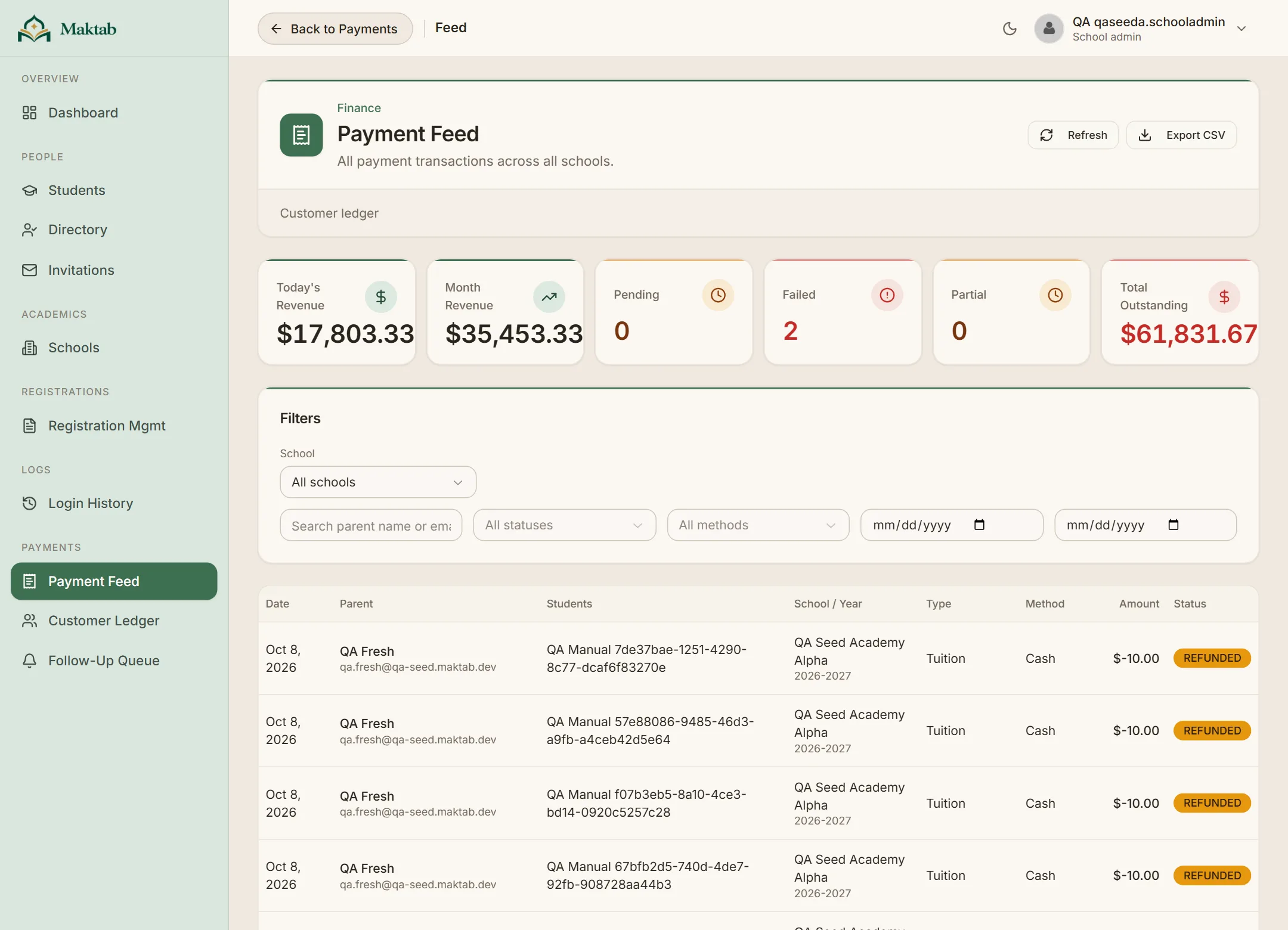 Payment feed with revenue, pending, failed and outstanding totals and a transaction table