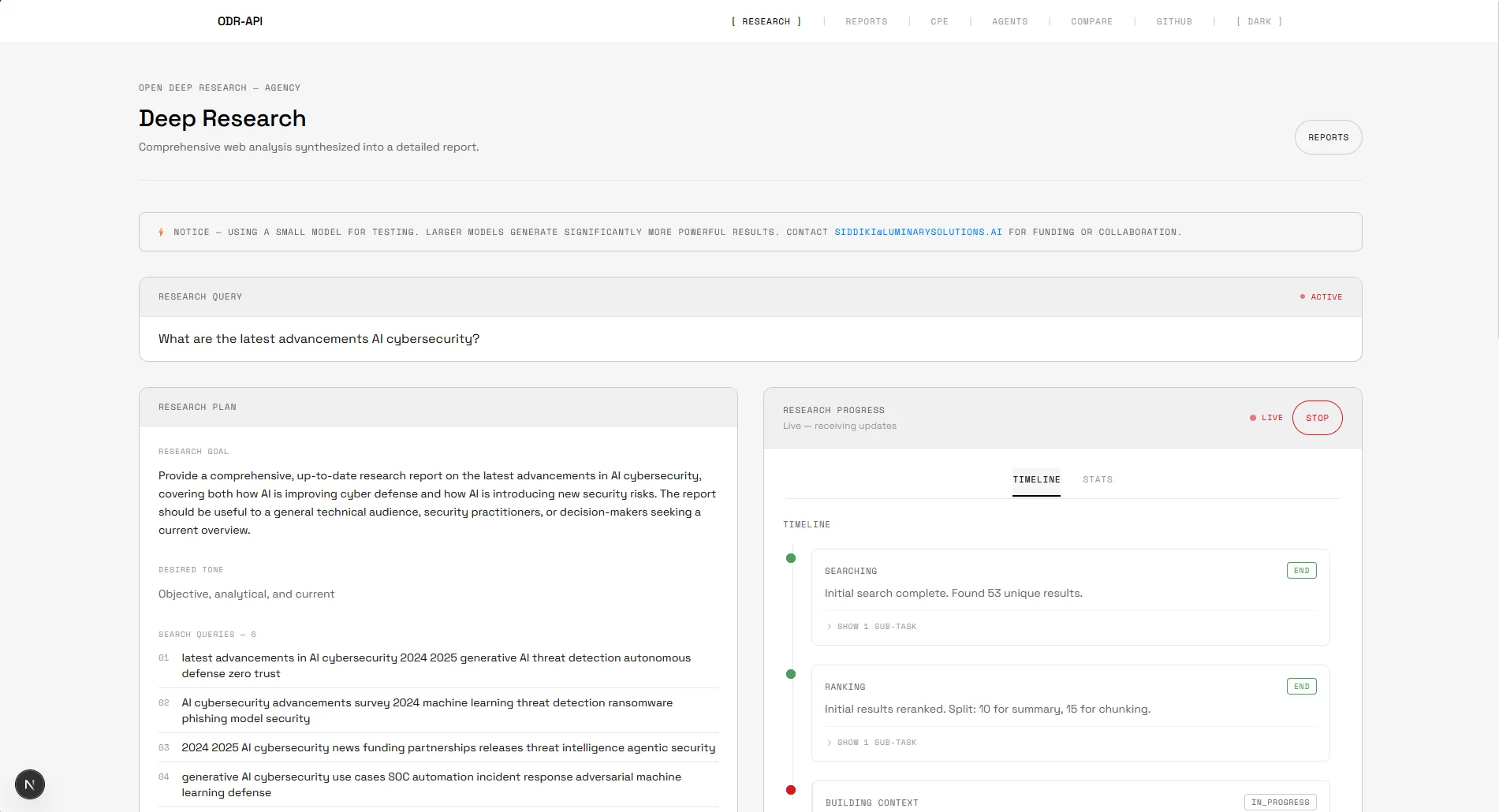 The ODR research view: query, research plan with numbered search queries, and a live progress timeline.